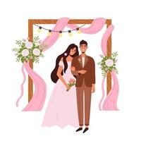 Newlyweds at a wedding ceremony. Pink arch with flowers made of wood. A girl in a wedding dress vector