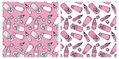 A set of seamless pink and white patterns. Beauty cosmetics, bottles, cream, makeup. Women's stuff