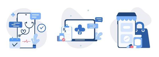 Medical illustration set. Online medical services, online prescription, buying medicaments online on smartphone. Medicine and healthcare concept. online pharmacy, drugstore, diagnosis. Flat vector. vector