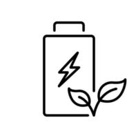 acumulador con icono de hoja y línea de relámpagos. Pictograma lineal de energía verde recargable ecológica. batería renovable con símbolo de esquema de planta. trazo editable. ilustración vectorial aislada. vector