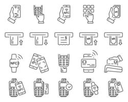 transacción de pago inalámbrico sin efectivo por conjunto de iconos de línea de tecnología nfc. pago sin contacto por teléfono móvil, tarjeta de crédito en pos. icono de retiro de dinero en cajeros automáticos. trazo editable. ilustración vectorial aislada. vector