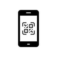 código qr en el icono de la silueta del teléfono móvil. pictograma de glifo de teléfono inteligente de escáner de aplicación qrcode cuadrado sobre fondo blanco. escanee la aplicación de pago con código de barras en el símbolo del dispositivo. ilustración vectorial aislada. vector