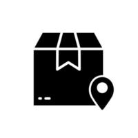 Order Box Pin Location Silhouette Icon. Geolocation of Parcel Box Point on Shipping Glyph Pictogram. Tracking Pointer Local Package Transportation Delivery Service Icon. Isolated Vector Illustration.