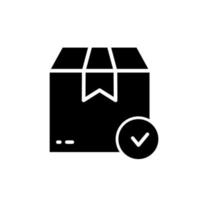 Delivery Accept Safe Cardboard Package Silhouette Icon. Correct Check Carton Parcel Box Glyph Pictogram. Quality Goods in Container Checkmark. Approved Product Tick. Isolated Vector Illustration.