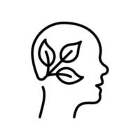 hoja y persona cerebro ecología entorno concepto línea icono. planta en pictograma lineal de cabeza humana. icono de esquema de idea de ecología de rama de árbol. pensamiento verde. trazo editable. ilustración vectorial aislada. vector