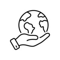Human Environmental Protection Line Icon. World Environment Conservation Linear Pictogram. Hand Holding Earth Planet Outline Icon. Save Global Nature. Editable Stroke. Isolated Vector Illustration.