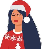 joven y bella mujer morena con sombrero de santa navideños vector