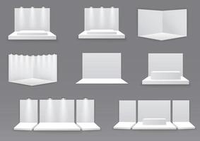 Exhibition stand. White empty advertising stand with desk. Vector white blank geometric square. Presentation room display. White creative exhibition stand design. Stand template. Corporate identity.