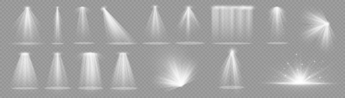 Vector spotlight. White color light effect. Glowing isolated golden sparkling light effect. Spark spotlight special effect design. Ray vector element.