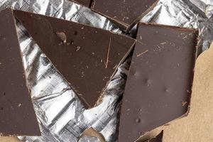 A broken chocolate bar in a paper and foil package photo