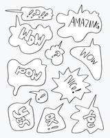 Hand drawn set of speech bubbles with handwritten short phrases  wow,pow,amazing,nice,yes,you,ok on gray background. vector