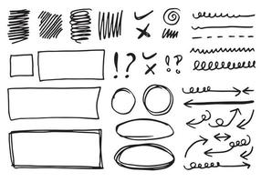 Doodle vector lines and curves.Hand drawn check and arrows signs. Set of simple doodle lines, curves, frames and spots. Collection of pencil effects. Doodle border. Simple doodle set.