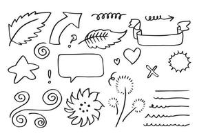 leaves, hearts, abstract, ribbons, arrows and other elements in hand drawn styles for concept designs. Doodle illustration. Vector template for decoration