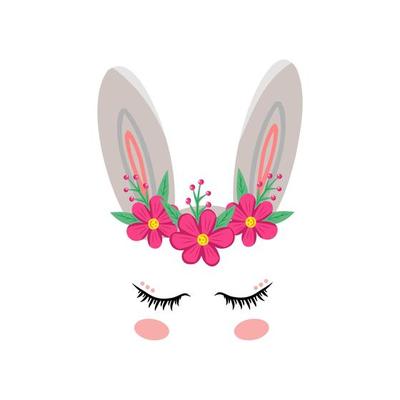 Bunny eyes, ears with flowers. Illustration for printing, backgrounds, covers and packaging. Image can be used for greeting cards, posters, stickers and textile. Isolated on white background.