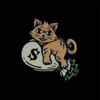 illustration of a cat hugging a money bag with doodle design vector