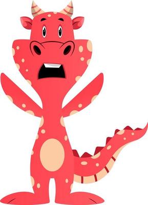 Red dragon is feeling scared, illustration, vector on white background.