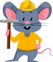 Mouse with hammer, illustration, vector on white background.