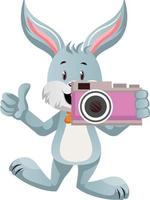 Bunny with pink camera, illustration, vector on white background.