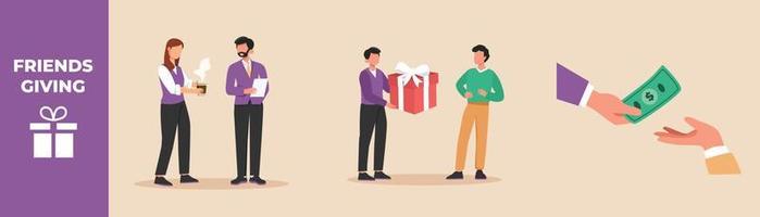Happy people giving glass of coffee, present box and money to them friend. Friends giving set concept. Flat vector illustrations isolated.