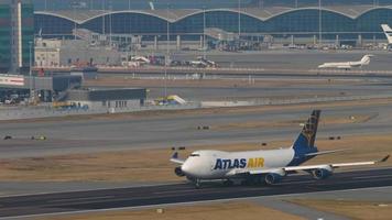 HONG KONG NOVEMBER 10, 2019 - Cargo Boeing 747 AtlasAir accelerates before takeoff, Chek Lap Kok International Airport, Hong Kong HKG video