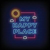 Neon Sign happy place with brick wall background vector