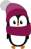 Penguin with purple scarf, illustration, vector on white background.