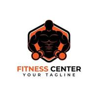centro de fitness y diseño de vector de logotipo de construcción de cuerpo en color negro y naranja