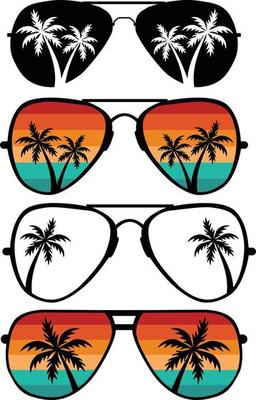 Retro Sunglasses Sunset on white background. Palm Tree Sunglasses sign. flat style.