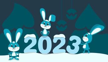 Bunnies are a symbol of the year 2023 on the background of Christmas trees. Christmas, New Year, Vector illustration