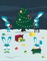 Cute blue bunnies in the snow decorate the Christmas tree with ball and garland, gift, Christmas, New Year, Symbol of the year, Vector illustration