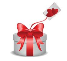 Valentine's day concept illustration for sales, advertising. White round gift box with a red ribbon and a bow, with a card and hearts for valentine's day.