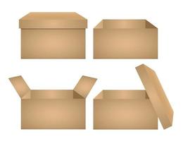 Carton delivery packaging open and closed box with fragile signs. Cardboard box mockup set vector