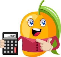 Mango holding calculator, illustration, vector on white background.