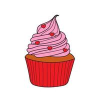 Light airy pink biscuit for birthday. Sweet cupcake with hearts. Vector Illustration on white background