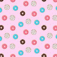 donas de patrones sin fisuras. donuts de colores surtidos, comida dulce americana. diseño para impresión de tela, textura de postre de vector de dibujos animados de pegatina de panadería