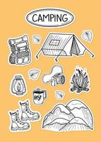 A set of camping-themed stickers, with hand-drawn doodle-style elements. Backpack, tent, boots, mountains, fire, etc. Items for tourism and recreation. Isolated vector on a bright background