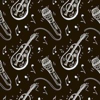Seamless pattern of musical symbols, guitar, ukulele, sheet music, microphone. Karaoke. Melody. Creating music in a hippie style. Hand-drawn doodle-style elements. Vector on black background