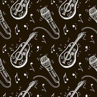 Seamless pattern of musical symbols, guitar, ukulele, sheet music, microphone. Karaoke. Melody. Creating music in a hippie style. Hand-drawn doodle-style elements. Vector on black background