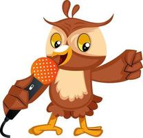 Owl singing on microphone, illustration, vector on white background.