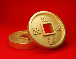 3D illustration realistic ancient gold ingot Chinese coin with round shape and square hole at centre for asian festival use on red background photo