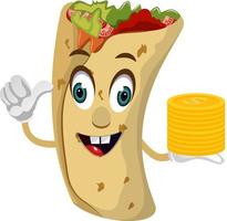 Burrito with coins, illustration, vector on white background.