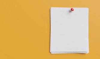 blank white paper page with red pin on yellow background. with free space for copy. 3D rendering illustration photo