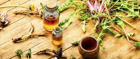 Dandelion or taraxacum in natural herbal medicine,wooden table photo