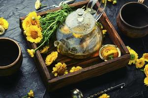 tetera de vidrio con té de flores, medicina herbaria foto