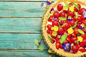 Open summer pie or cake with berries,copy space photo