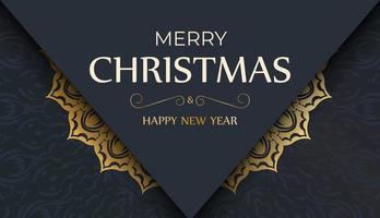 Merry Christmas and Happy New Year greeting card template in dark blue color with vintage gold ornament vector