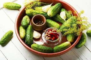Fresh cucumbers and ingredients for cooking pickled cucumbers photo