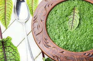 Green soup with sorrel in rustic plate photo