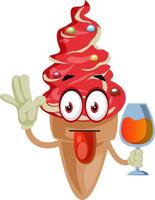 Ice cream with glass of juice, illustration, vector on white background.