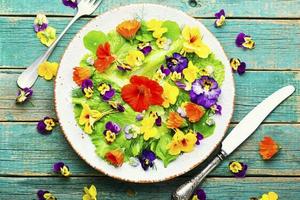 Edible flower salad in the plate photo